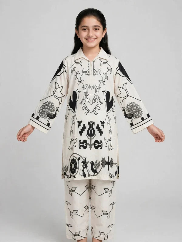 Girls White Printed Co Ord Set
