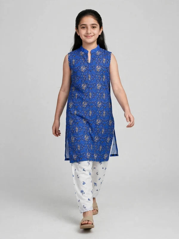 Girls Blue Sleeveless Co Ord Set (Sleeves Included)