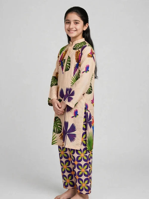 Girls Beige Printed Co Ord Set
