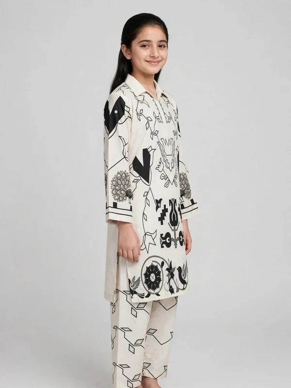 Girls White Printed Co Ord Set