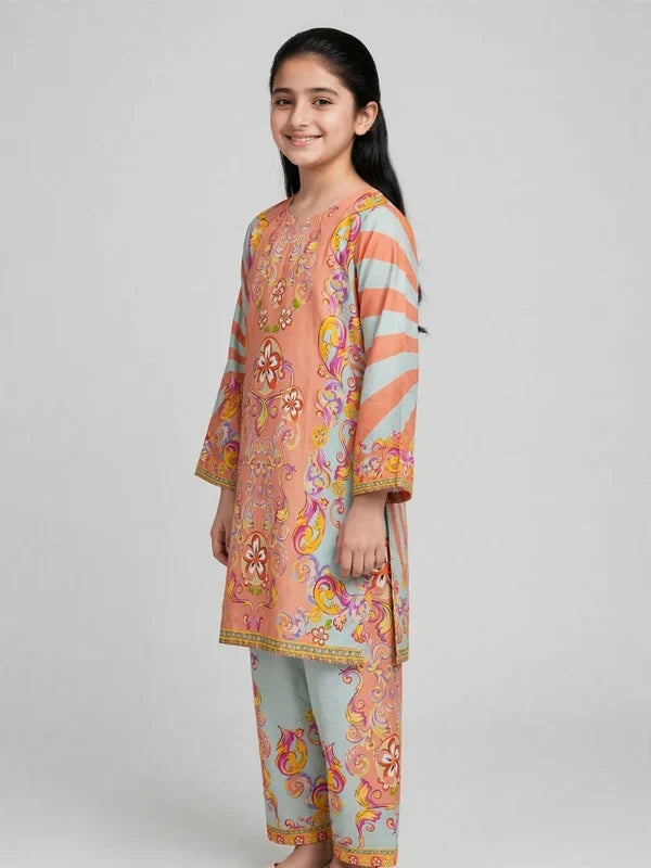 Girls Peach & Mint Printed Co Ord Set