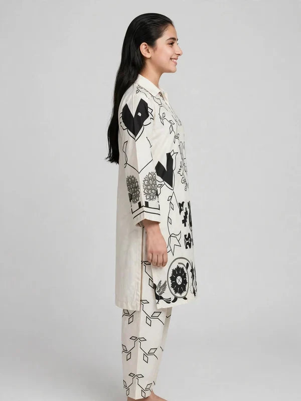 Girls White Printed Co Ord Set