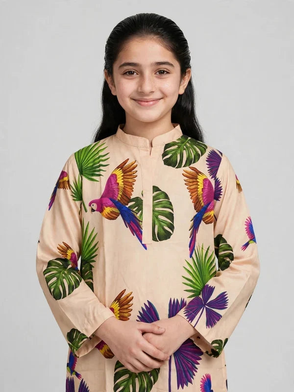 Girls Beige Printed Co Ord Set