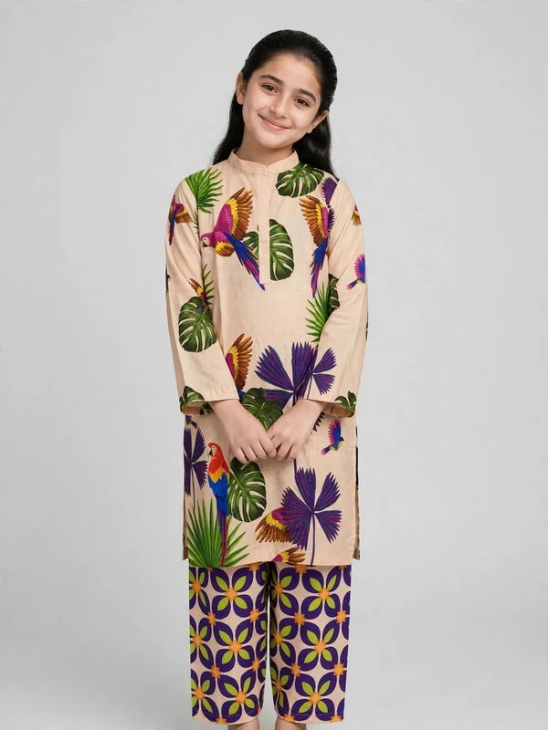 Girls Beige Printed Co Ord Set