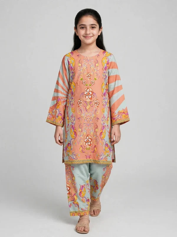 Girls Peach & Mint Printed Co Ord Set