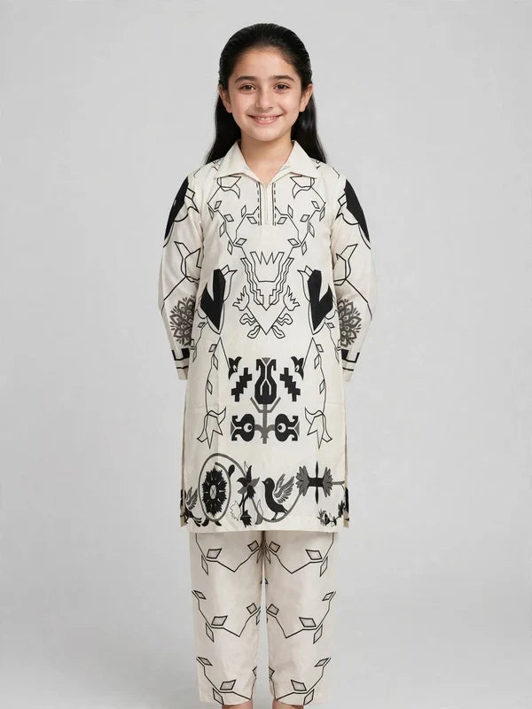 Girls White Printed Co Ord Set